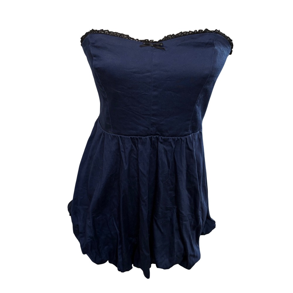 Altar'd State Strapless Babydoll Mini Dress Lace Trim Blue Bubble Hem Sz M USA